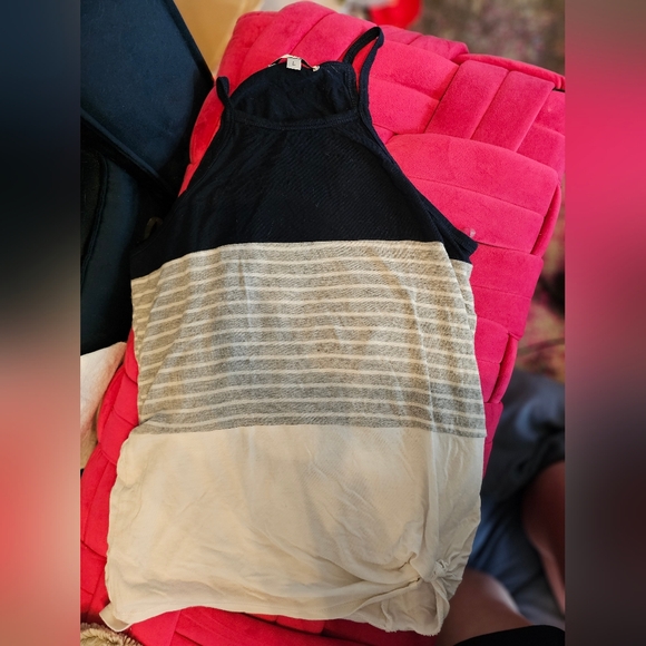 Moa Moa racetrack tank top with side knot- Navy Blue, Grey, and white stripe - Picture 2 of 2